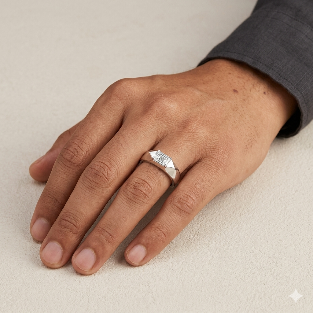 Emerald Cut Lab Grown Diamond Ring β Bold Designer Band | IGI Certified - Image 3