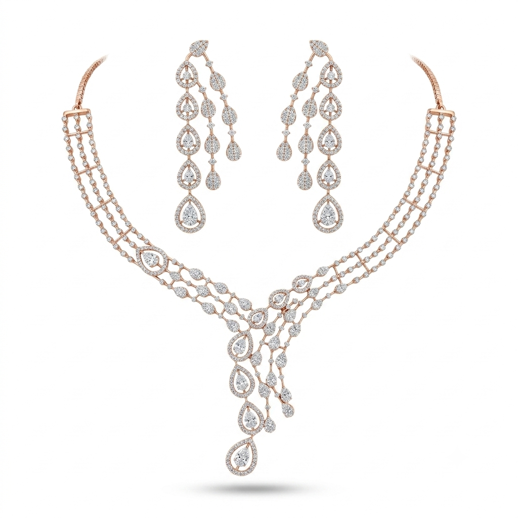 Pear Drop Cascade Diamond Necklace Set