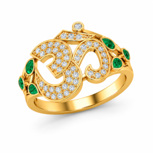 Om Diamond Ring with Green Leaf Accents
